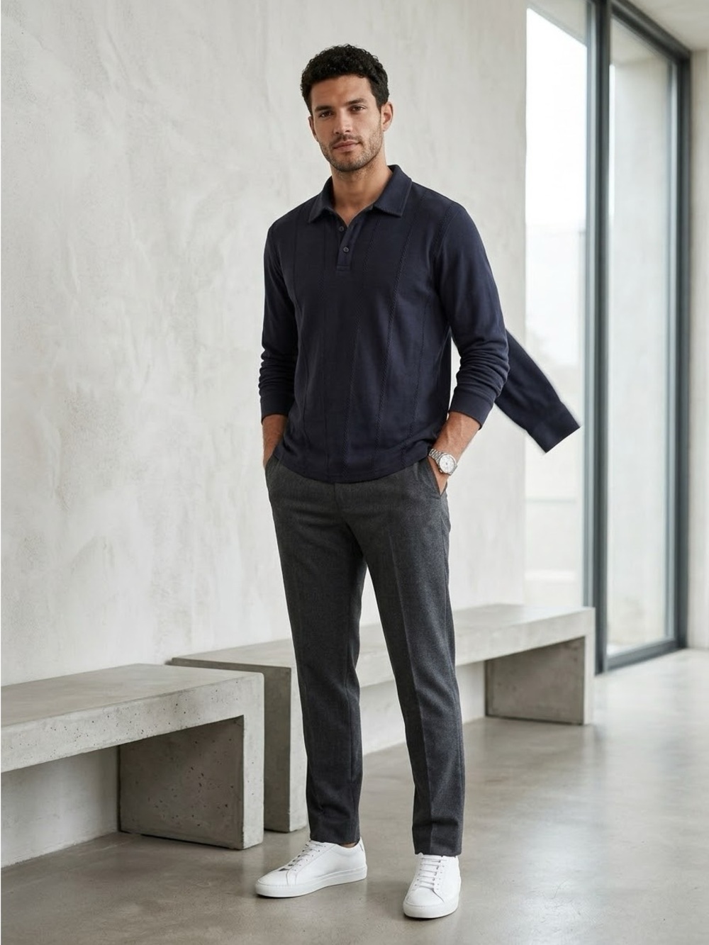 Men's Black Long-Sleeve Polo Shirt by Y-Chrome on Melrose